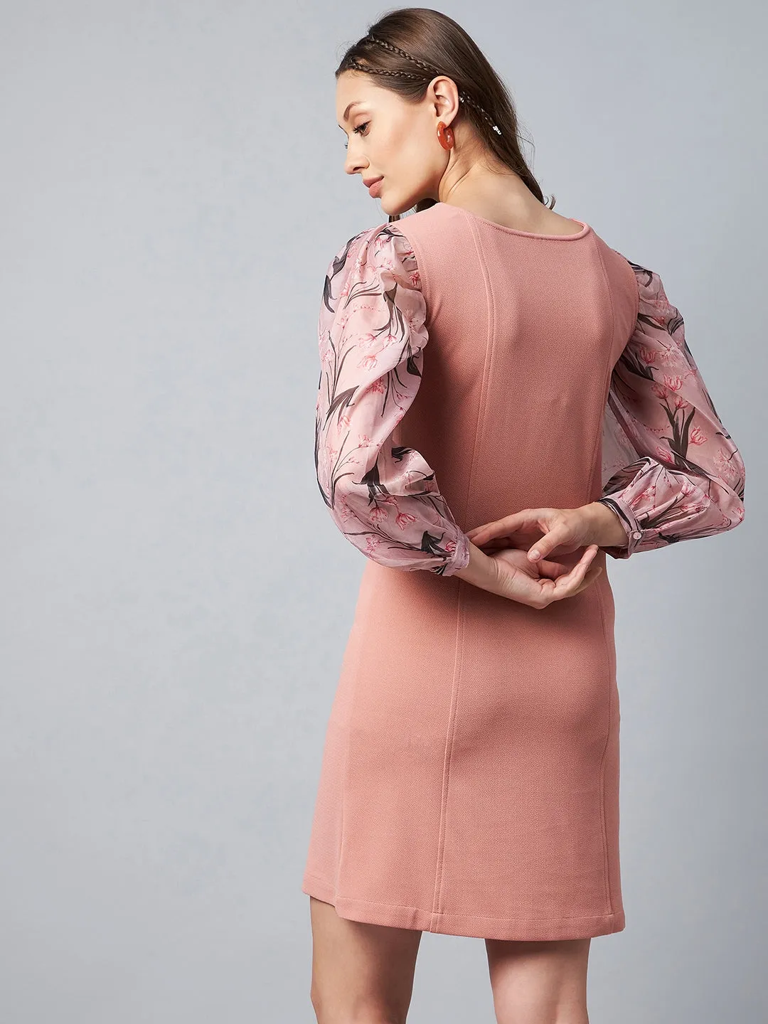 Pink Polyester Lycra & Organza Digitally Print Body Con Dress