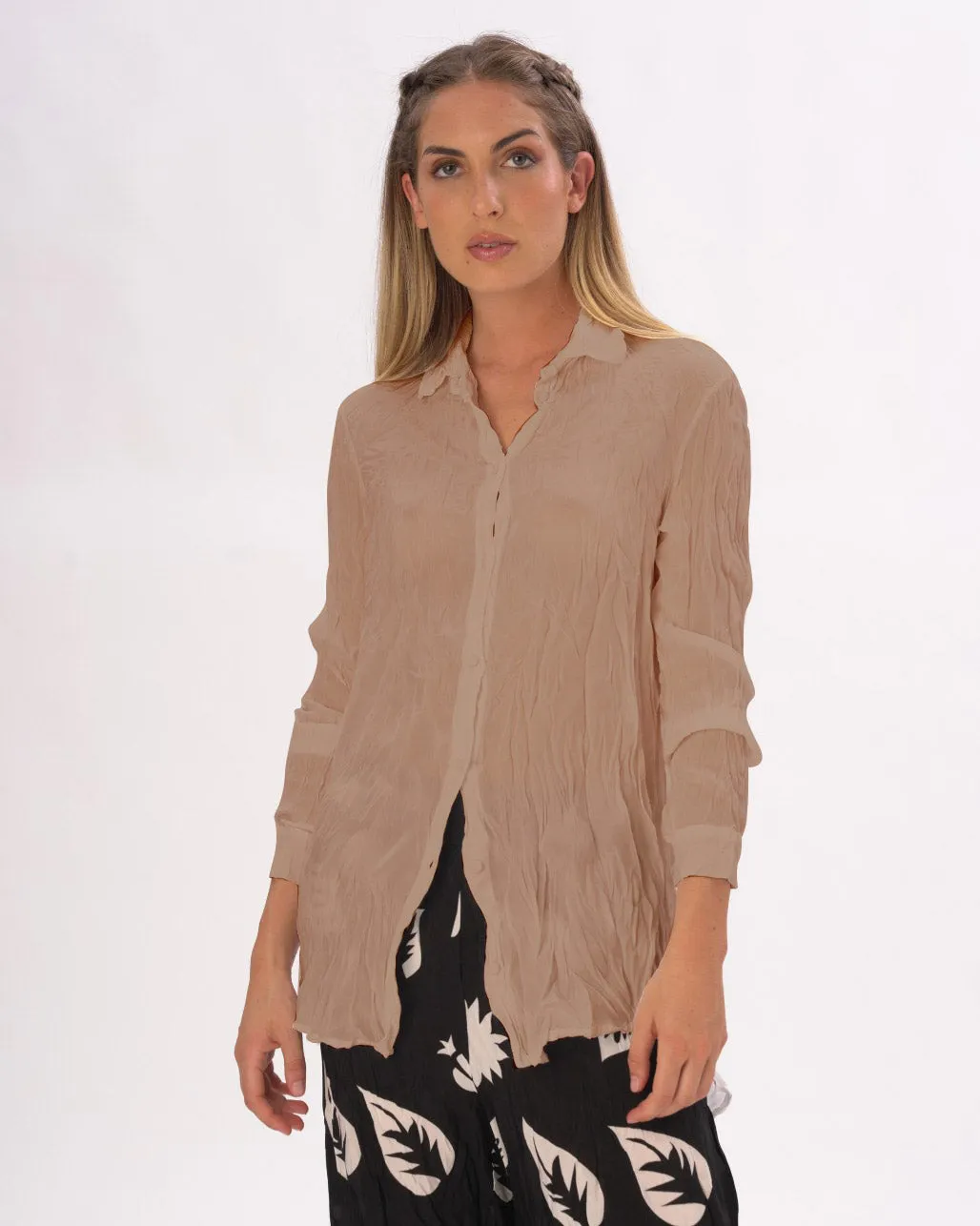 Pleated Crinkled Button Up Long Sleeve