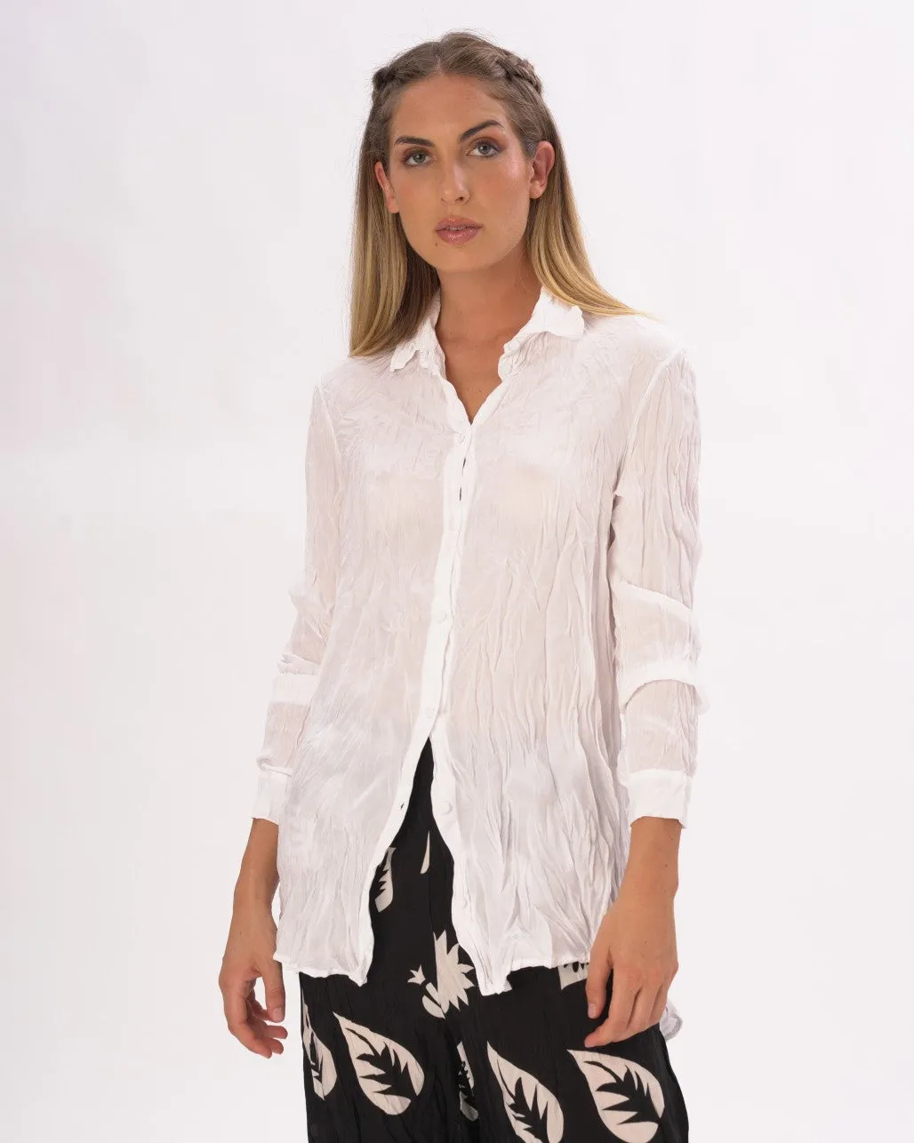 Pleated Crinkled Button Up Long Sleeve