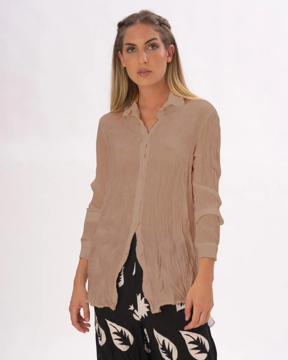 Pleated Crinkled Button Up Long Sleeve