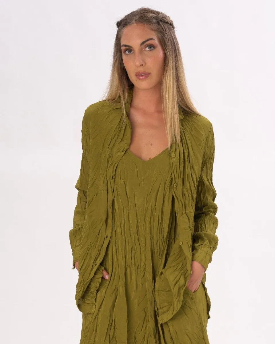 Pleated Crinkled Button Up Long Sleeve