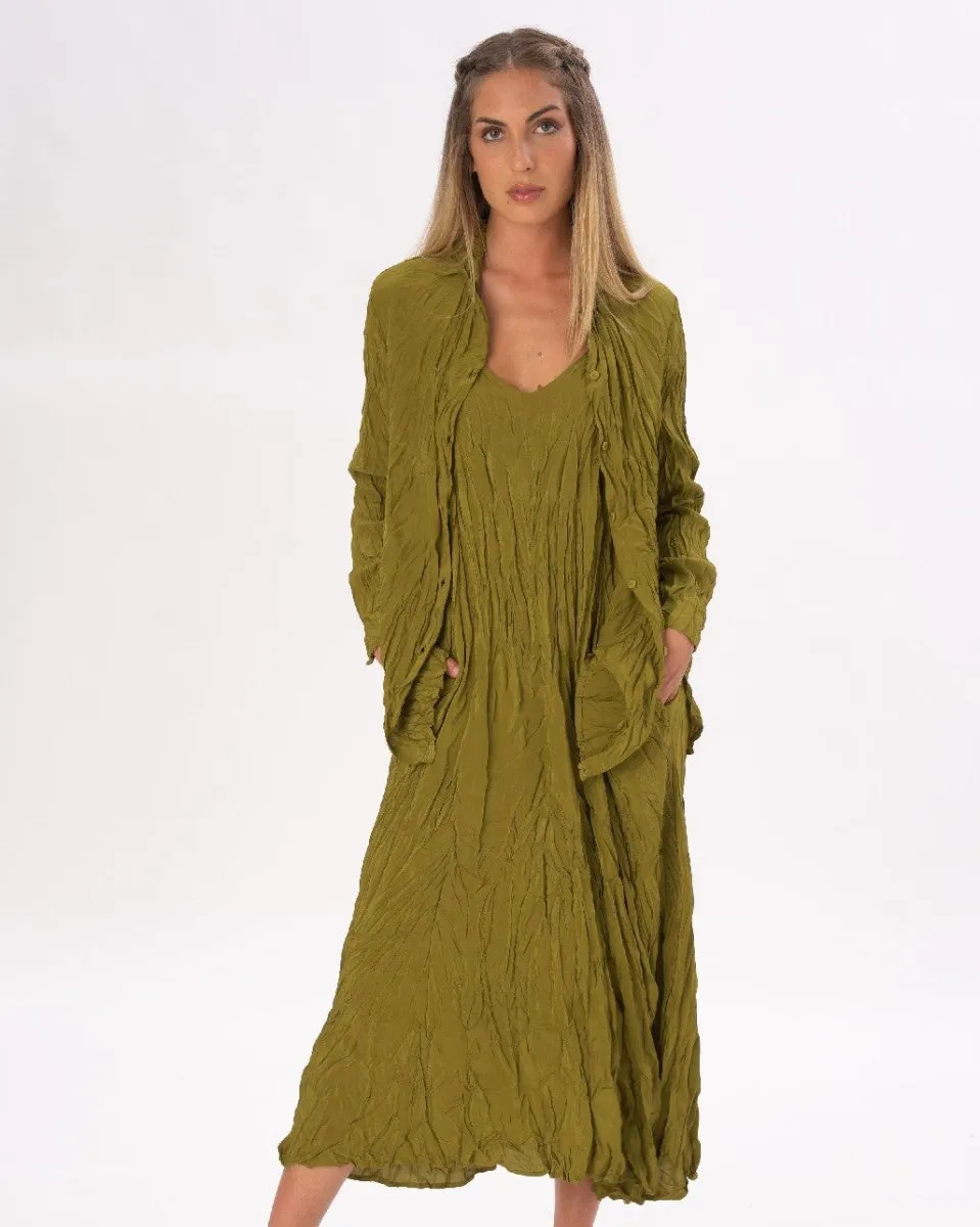 Pleated Crinkled Button Up Long Sleeve