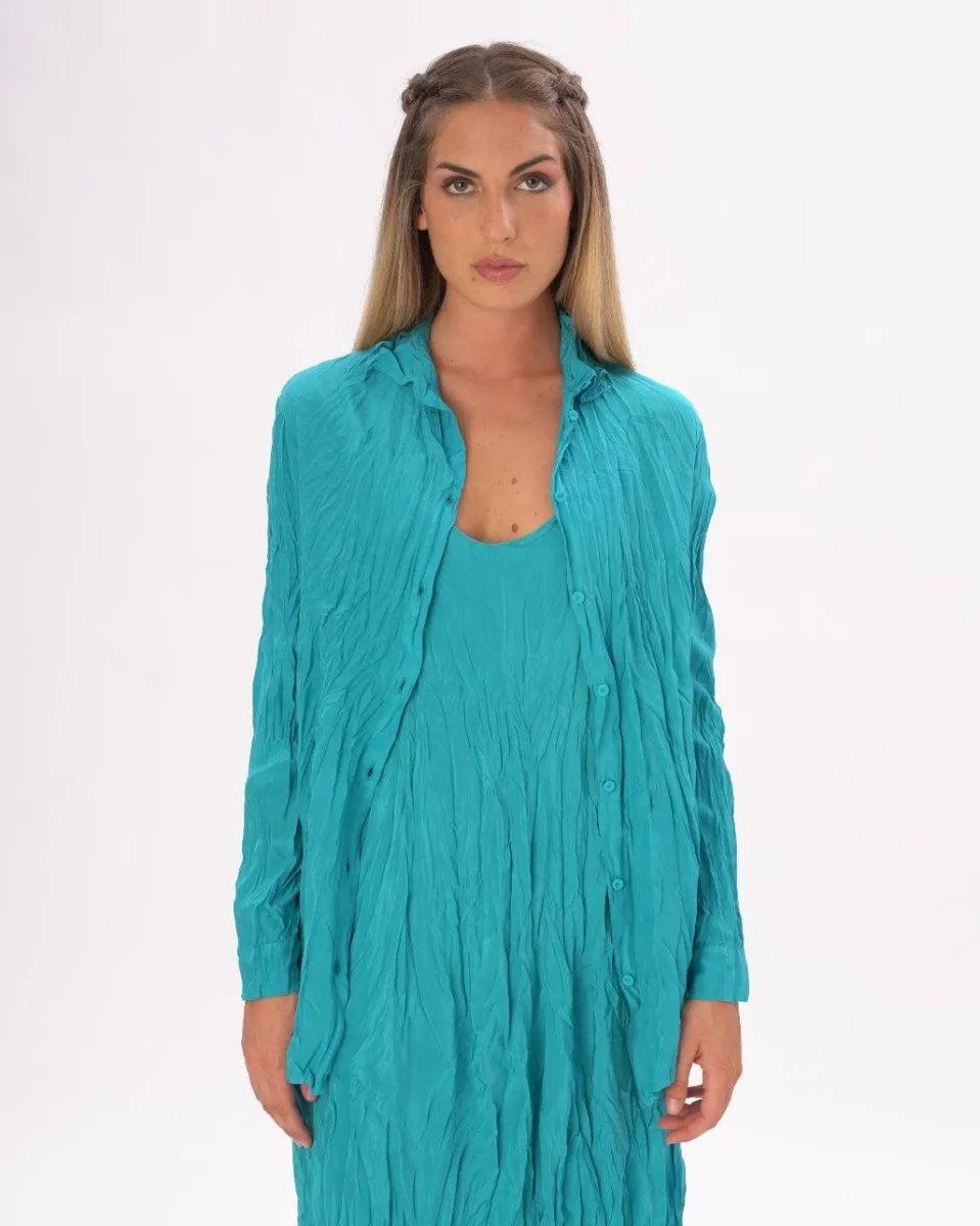 Pleated Crinkled Button Up Long Sleeve