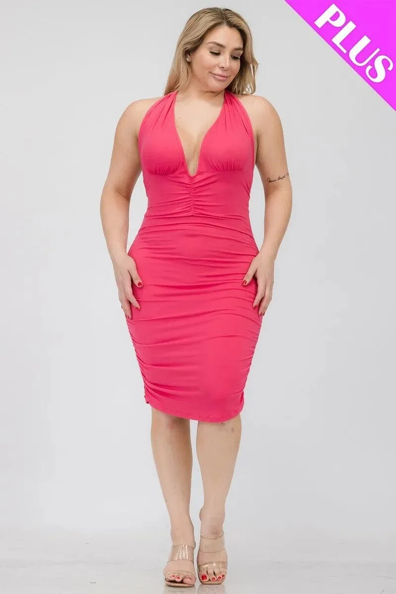 Plus Size Fuchsia Deep Neck Crisscross Back Ruched Bodycon Clubwear Mini Dress