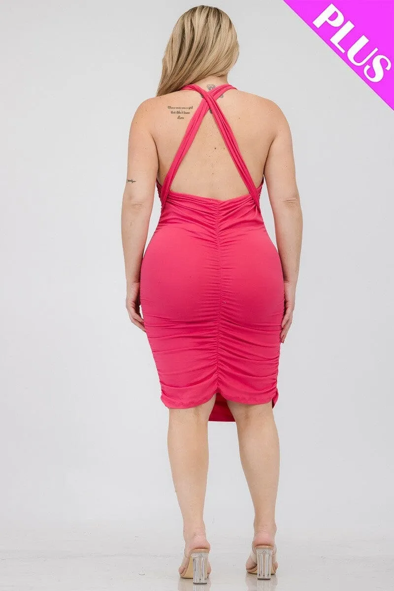 Plus Size Fuchsia Deep Neck Crisscross Back Ruched Bodycon Clubwear Mini Dress