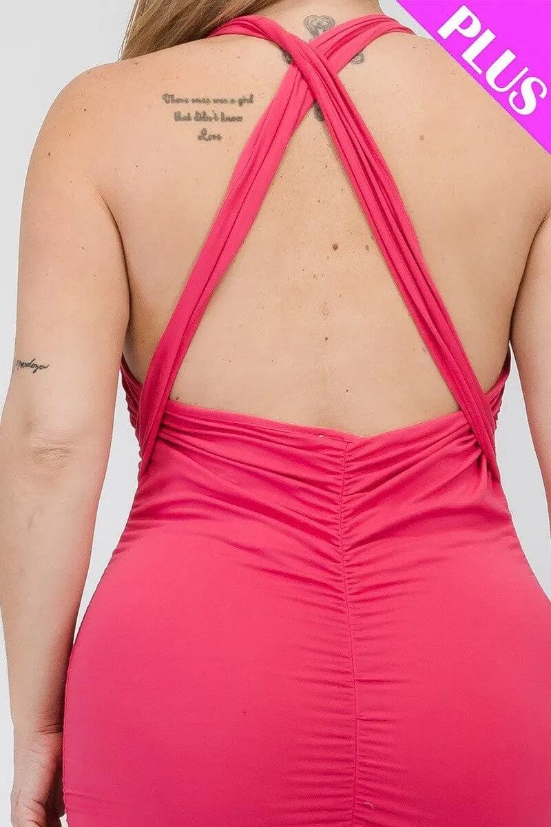 Plus Size Fuchsia Deep Neck Crisscross Back Ruched Bodycon Clubwear Mini Dress