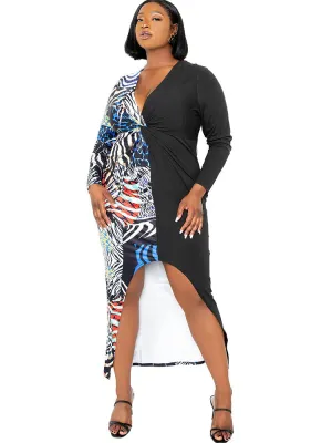 Plus Size Long Sleeves Color Block Print Mini Dresses