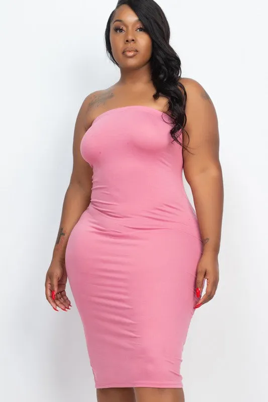 Plus Size Purple Grape Solid Strapless Tube Bodycon Midi Dress