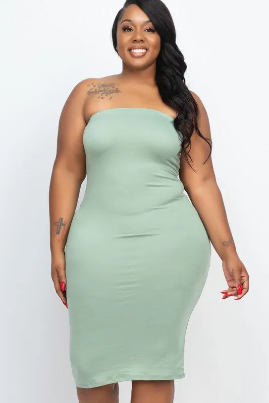 Plus Size Purple Grape Solid Strapless Tube Bodycon Midi Dress