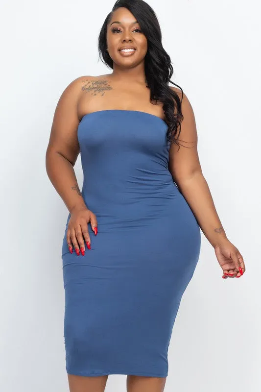 Plus Size Purple Grape Solid Strapless Tube Bodycon Midi Dress