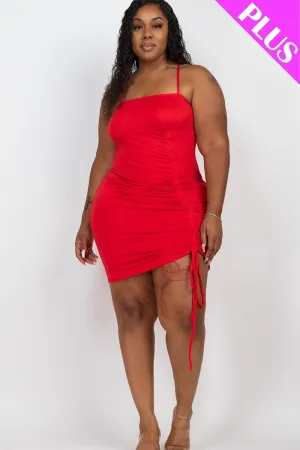 Plus Size Red Spaghetti Strap Club Bodycon Adjustable Ruched Detail Curvy Mini Dress