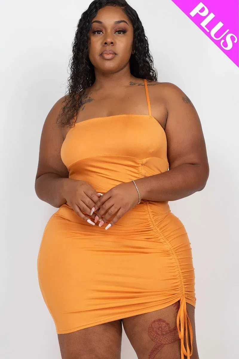 Plus Size Yellow Spaghetti Strap Club Bodycon Adjustable Ruched Detail Curvy Mini Dress