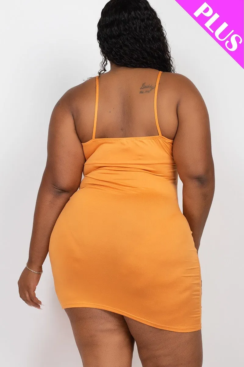 Plus Size Yellow Spaghetti Strap Club Bodycon Adjustable Ruched Detail Curvy Mini Dress