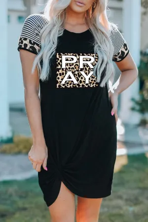 Pray Leopard Color Block Spliced Short Sleeve Side Knot Mini Dress