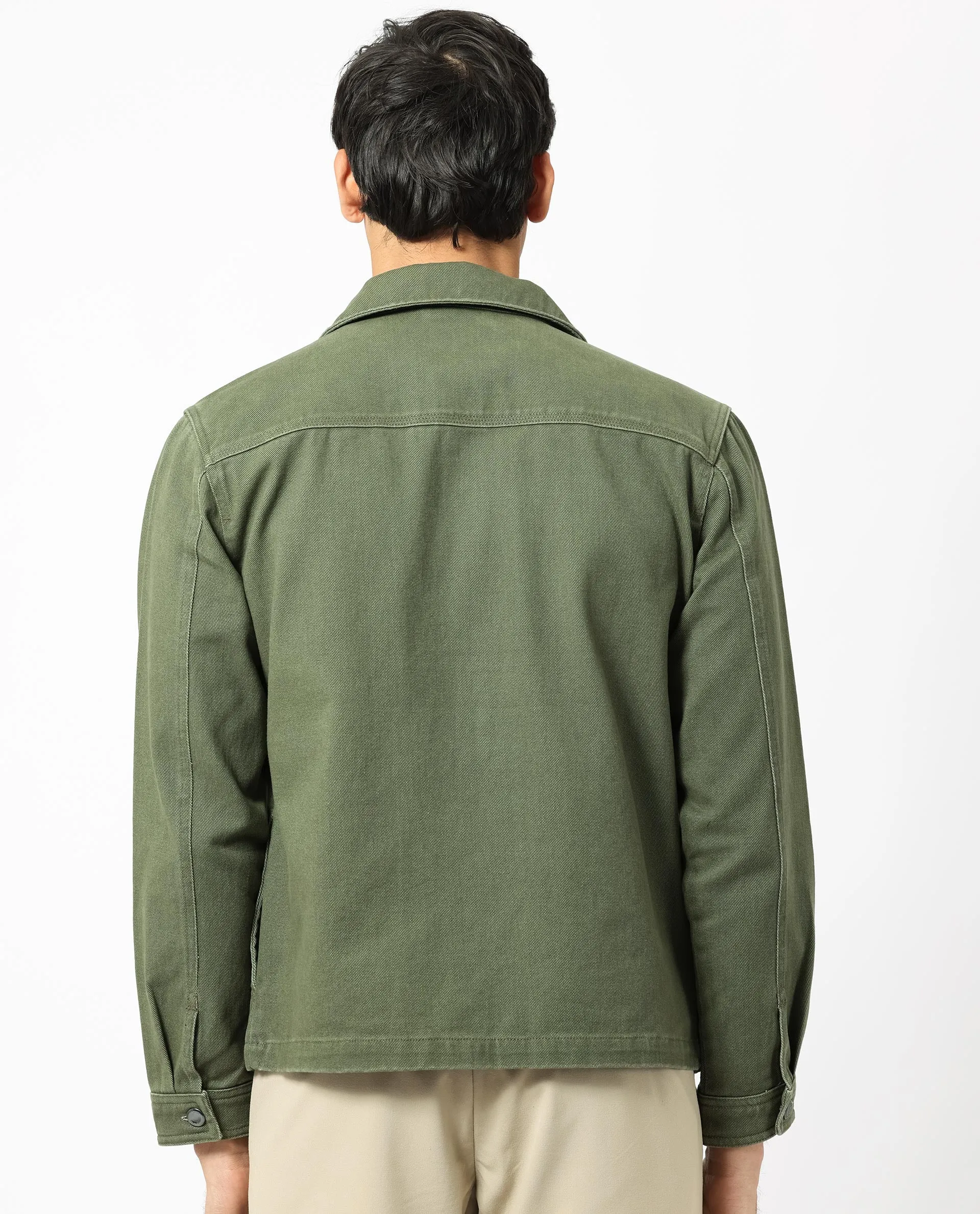 Rare Rabbit Men's Zale Dark Green Cotton Fabric Full Sleeves Zip Closure Solid Twill Shacket