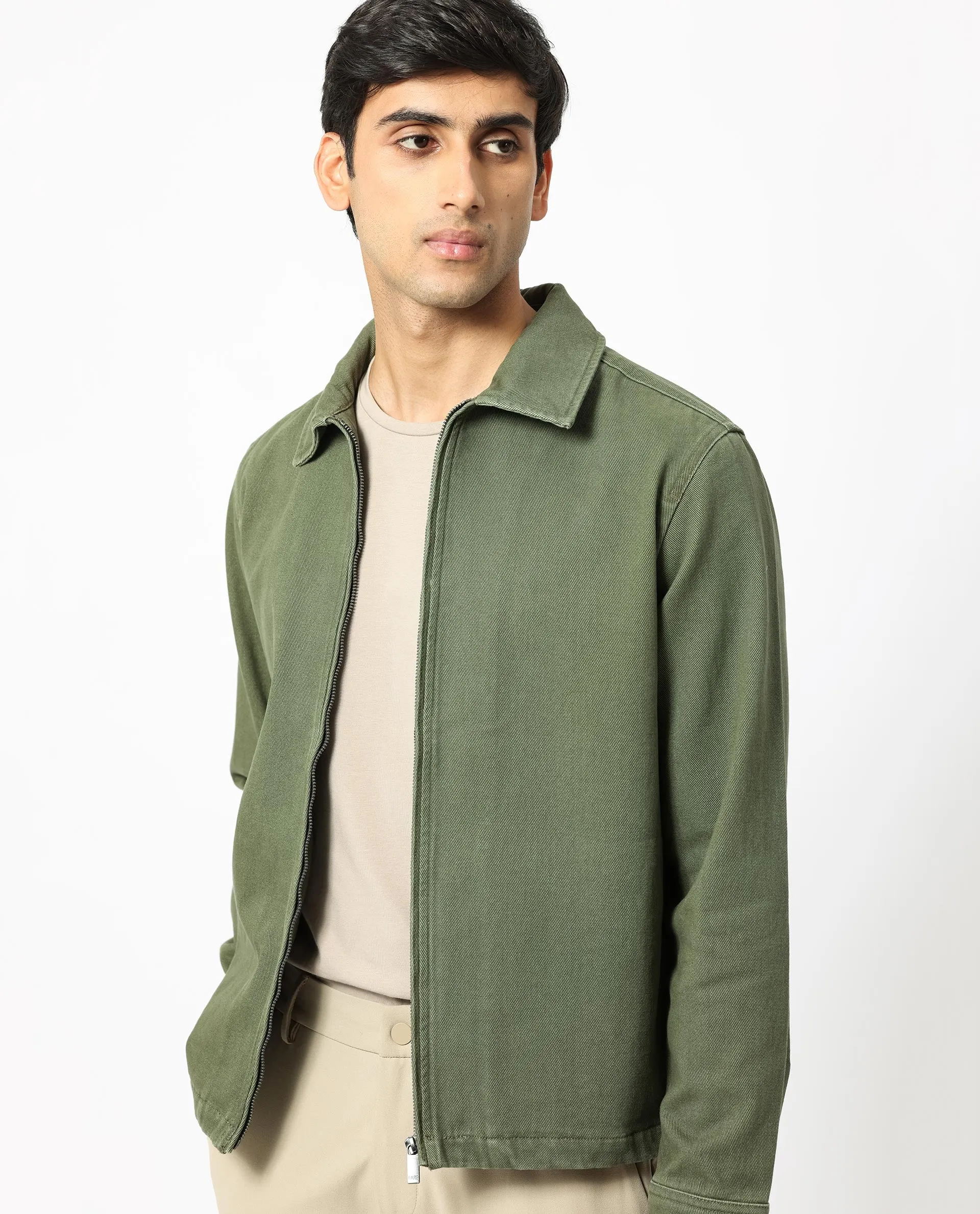 Rare Rabbit Men's Zale Dark Green Cotton Fabric Full Sleeves Zip Closure Solid Twill Shacket