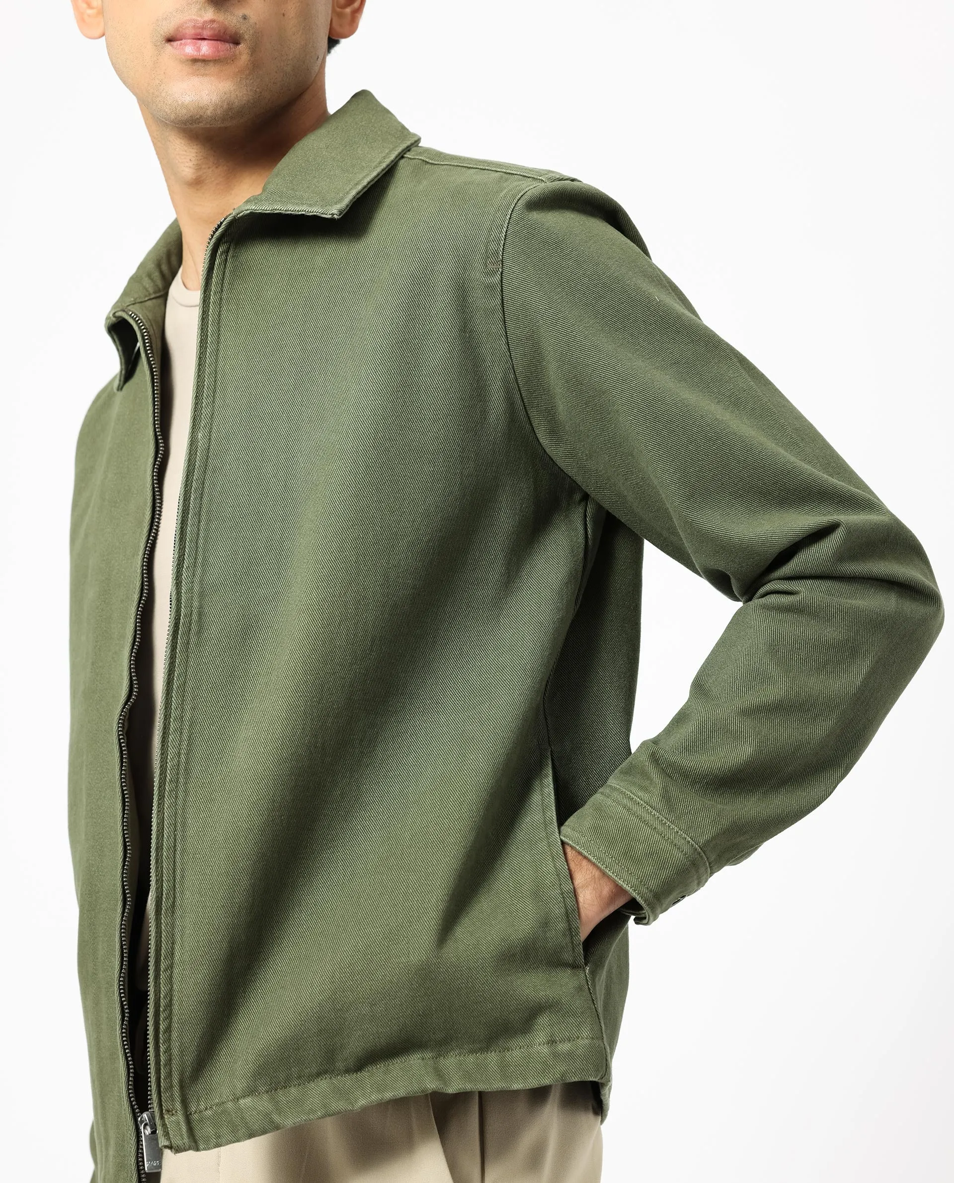 Rare Rabbit Men's Zale Dark Green Cotton Fabric Full Sleeves Zip Closure Solid Twill Shacket