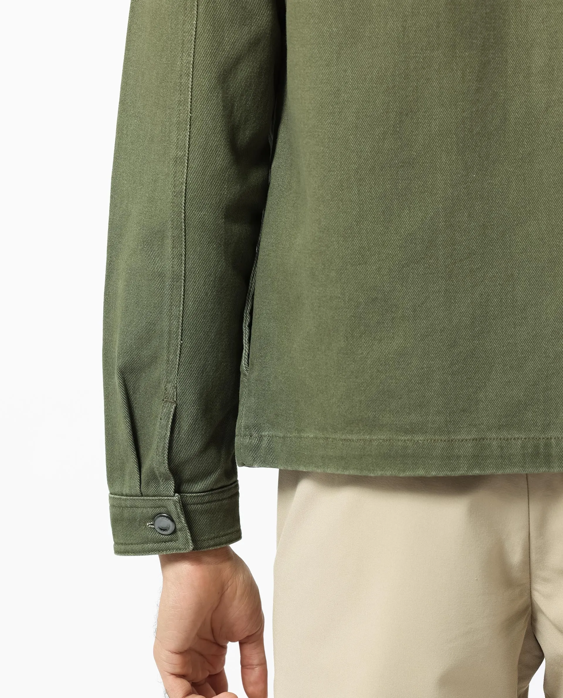 Rare Rabbit Men's Zale Dark Green Cotton Fabric Full Sleeves Zip Closure Solid Twill Shacket