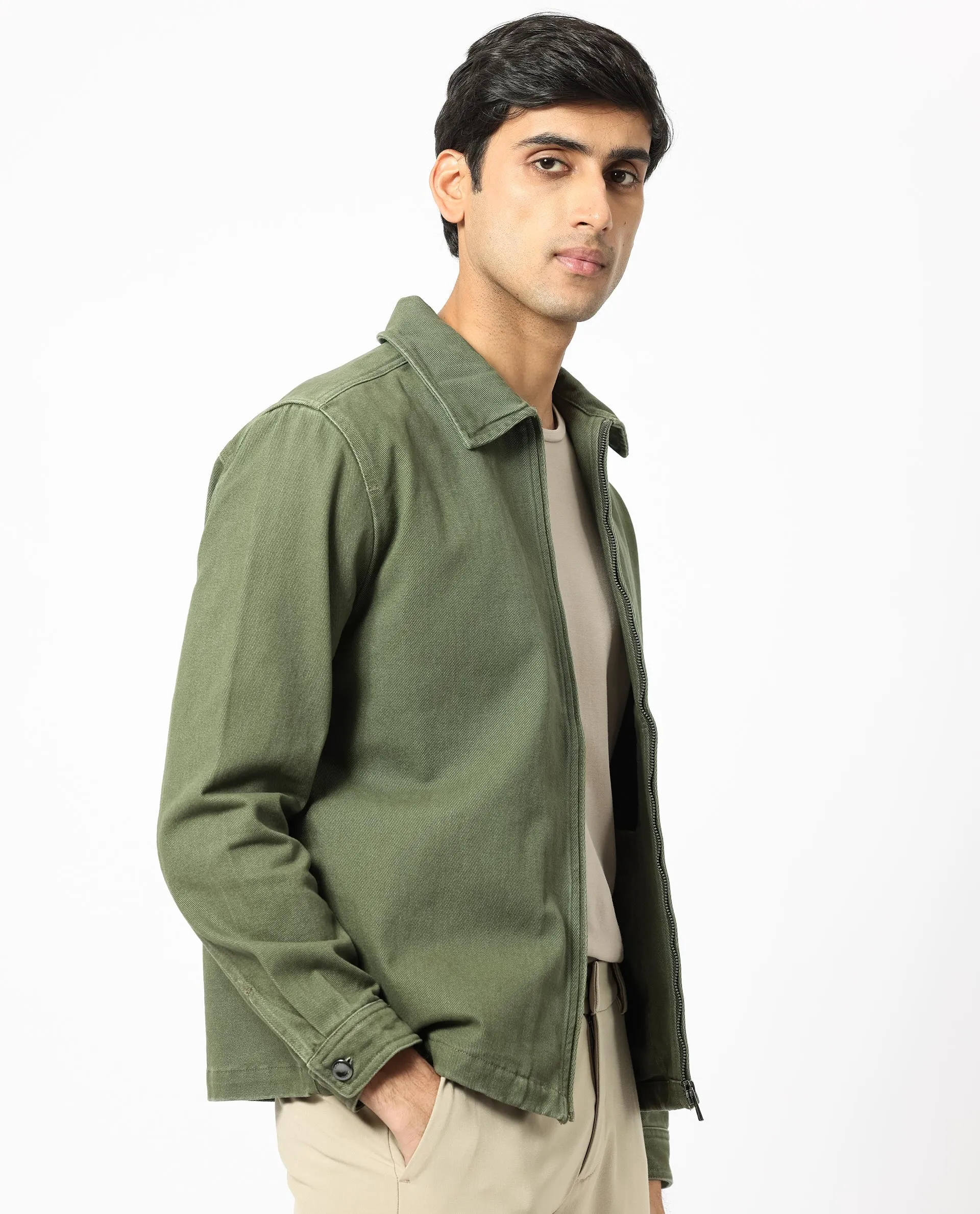 Rare Rabbit Men's Zale Dark Green Cotton Fabric Full Sleeves Zip Closure Solid Twill Shacket