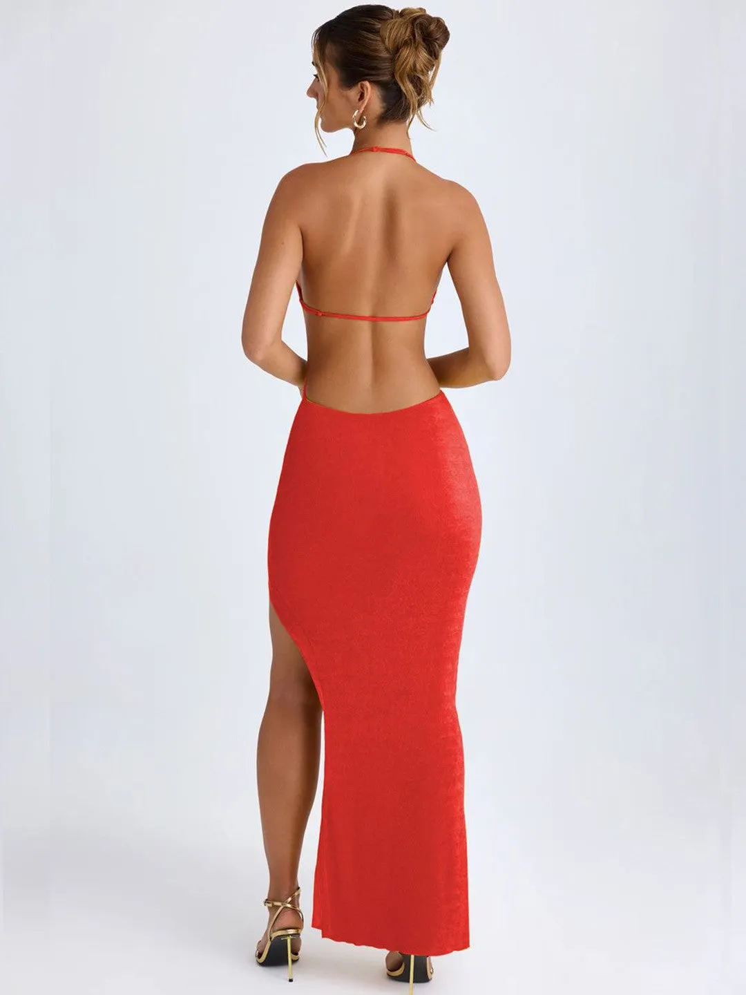 Red Solid Bodycon Maxi Dress