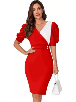 Red Solid V-Neck Mini Dress