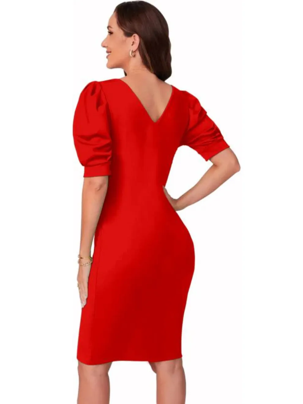 Red Solid V-Neck Mini Dress