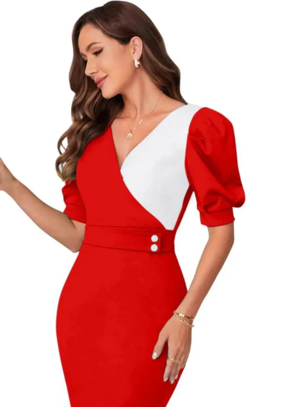 Red Solid V-Neck Mini Dress