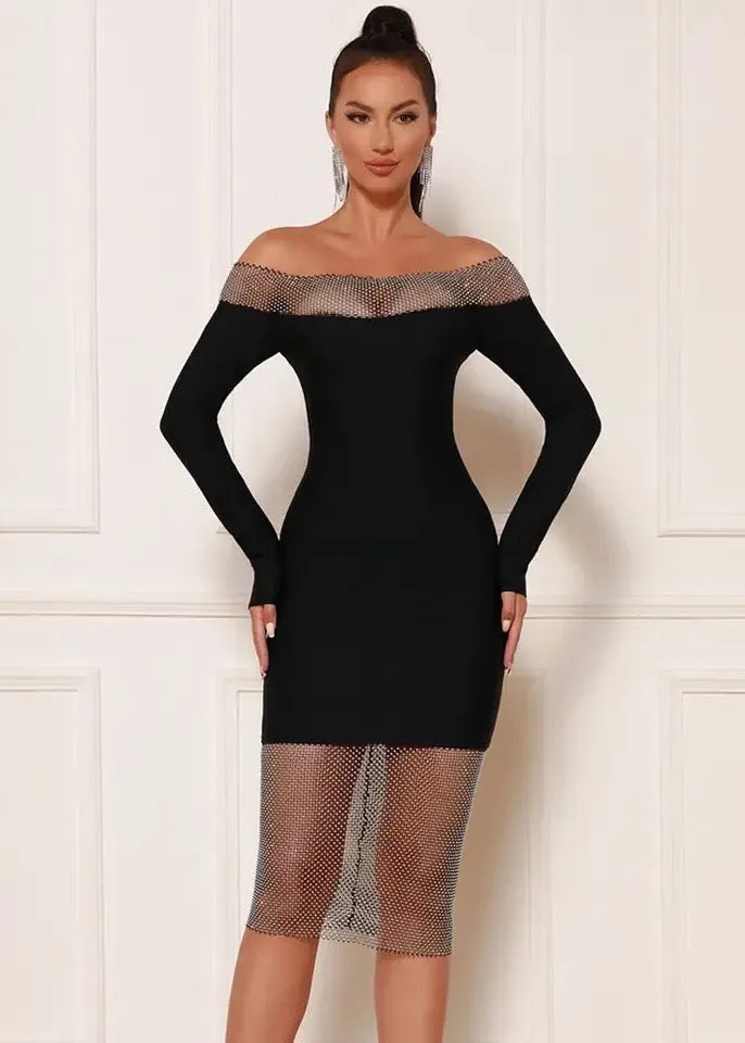 Rhinestone Fishnet Inserts Long Sleeved Dress