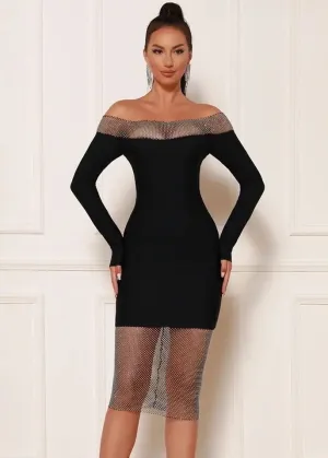Rhinestone Fishnet Inserts Long Sleeved Dress