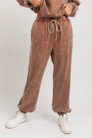 Rhinestone Washed Sweat Pant, Brown