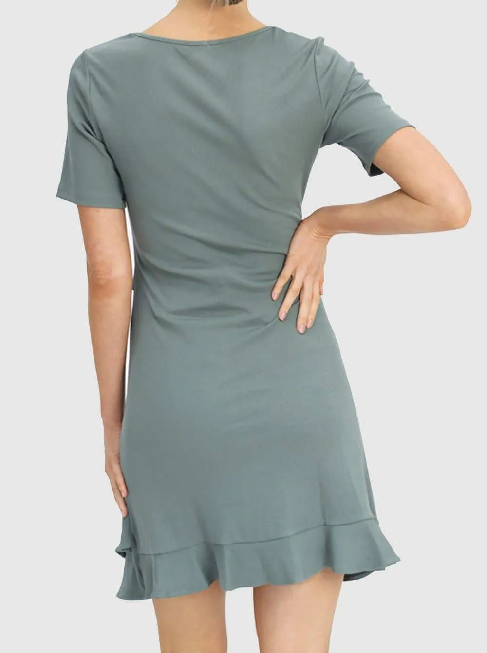 Sage Green Maternity Short Sleeve Frilled End Ribbed Dress