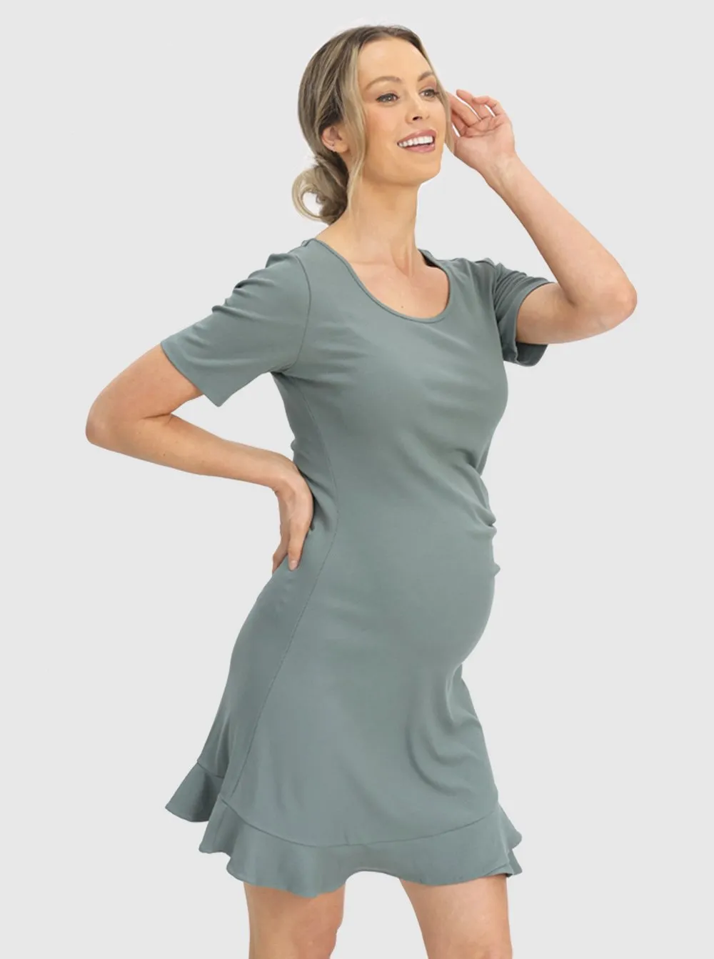 Sage Green Maternity Short Sleeve Frilled End Ribbed Dress