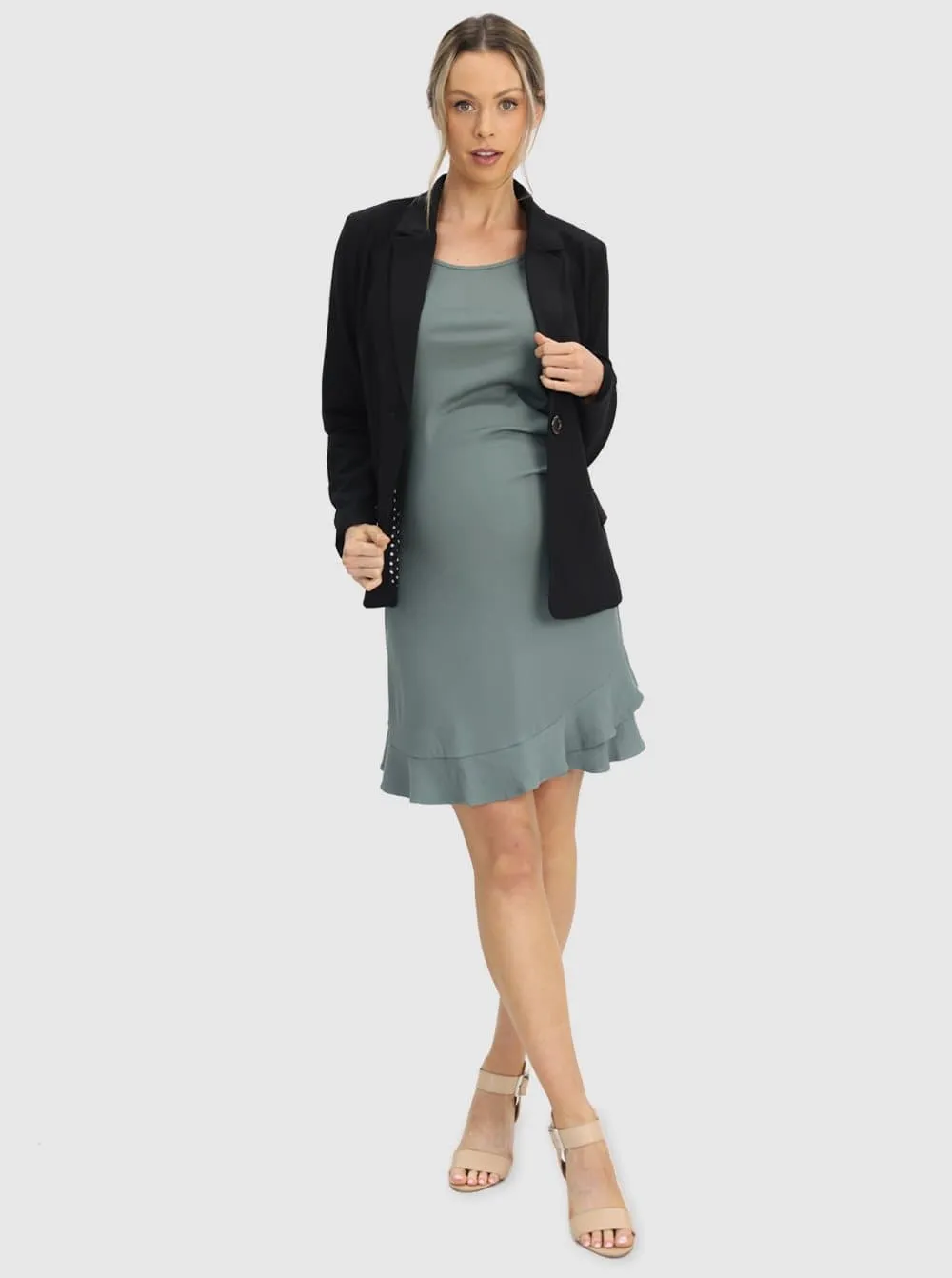 Sage Green Maternity Short Sleeve Frilled End Ribbed Dress