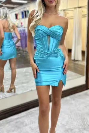 Sanna | Blue Bodycon Sweetheart  Satin Short Homecoming Dresses with Slit