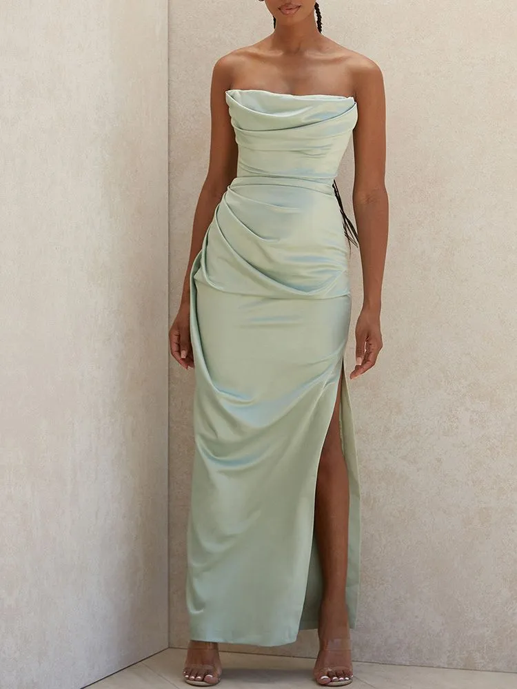 Satin Draped Tube Bodycon Maxi Dress