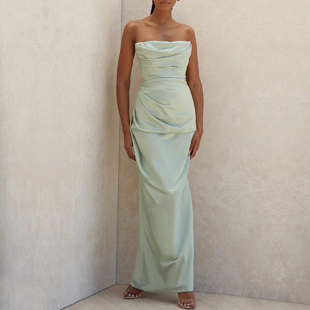 Satin Draped Tube Bodycon Maxi Dress