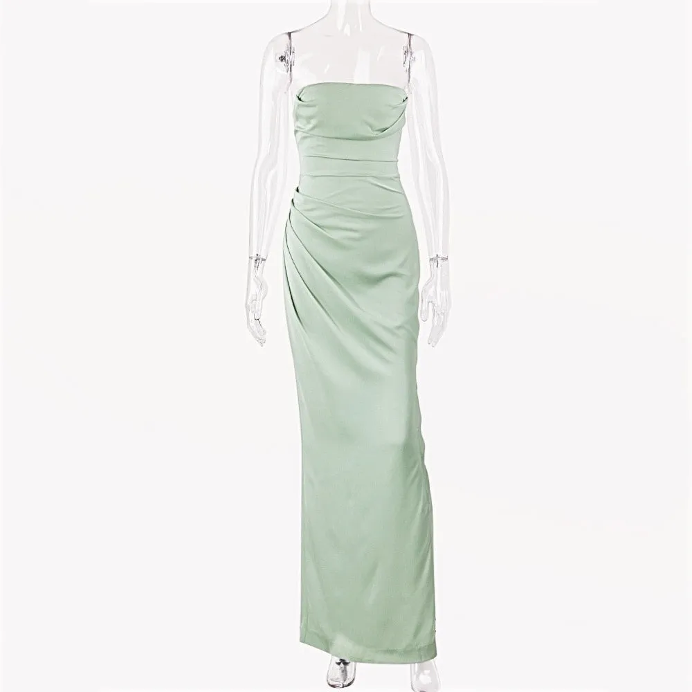 Satin Draped Tube Bodycon Maxi Dress
