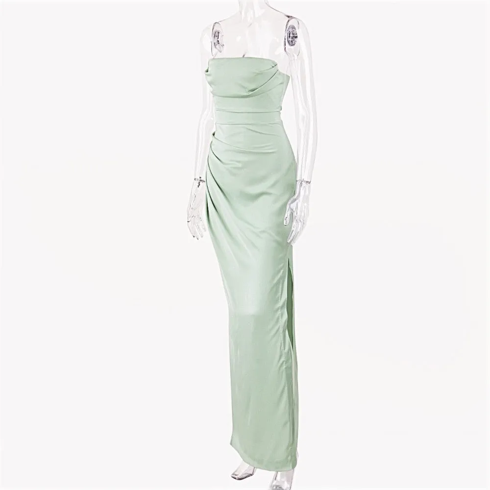 Satin Draped Tube Bodycon Maxi Dress