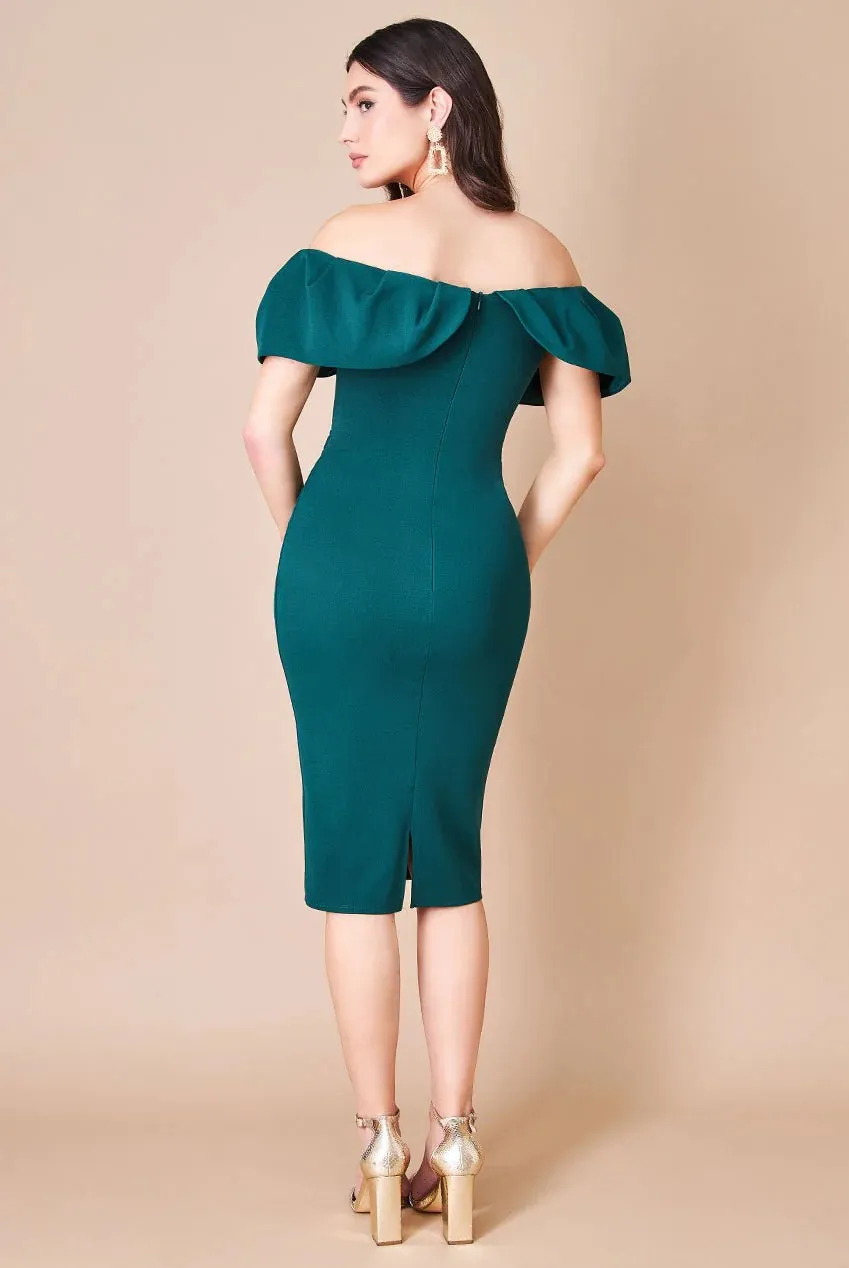 Scuba Crepe Pleated Bardot Plus Size Midi Dress in Blush or Emerald