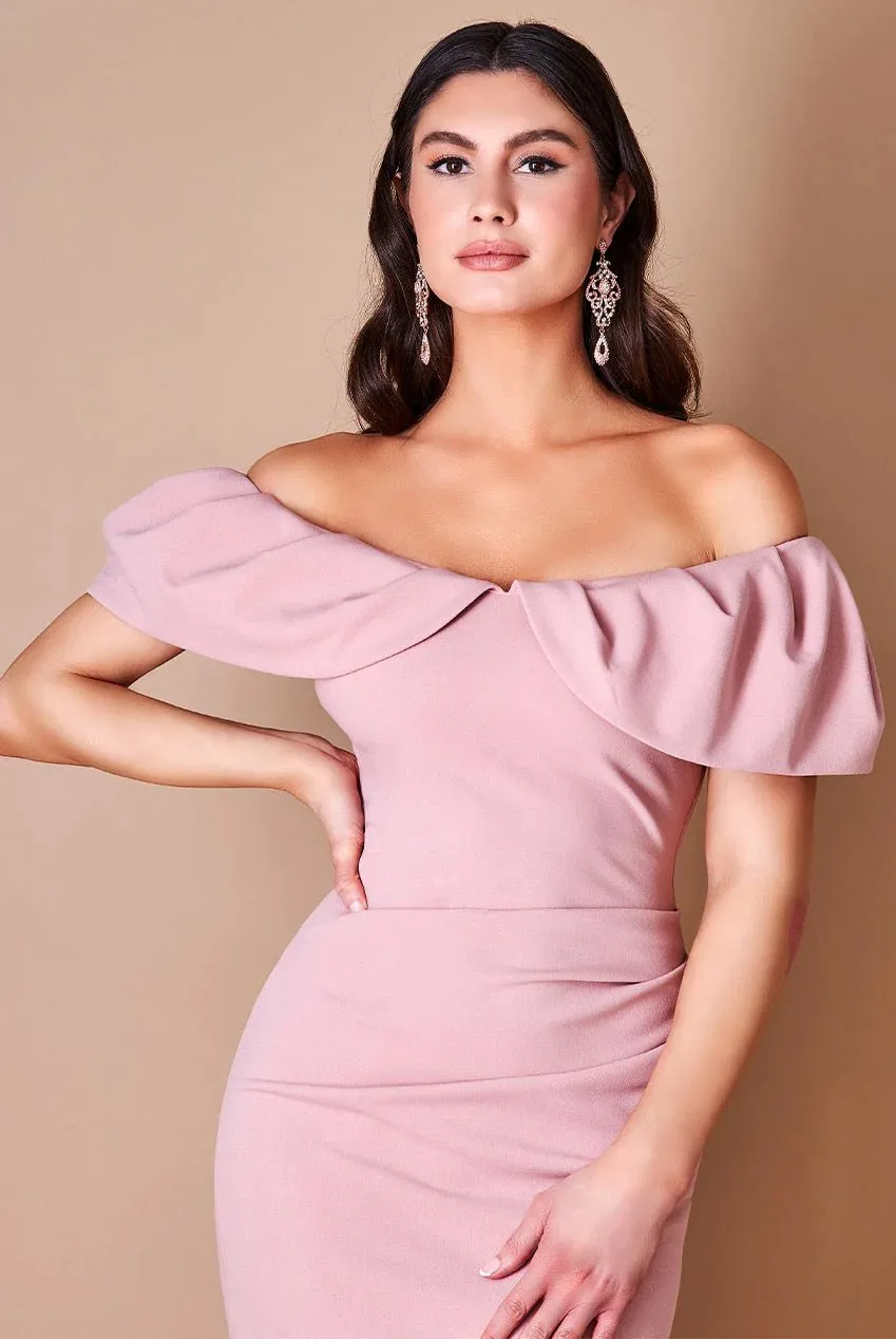 Scuba Crepe Pleated Bardot Plus Size Midi Dress in Blush or Emerald