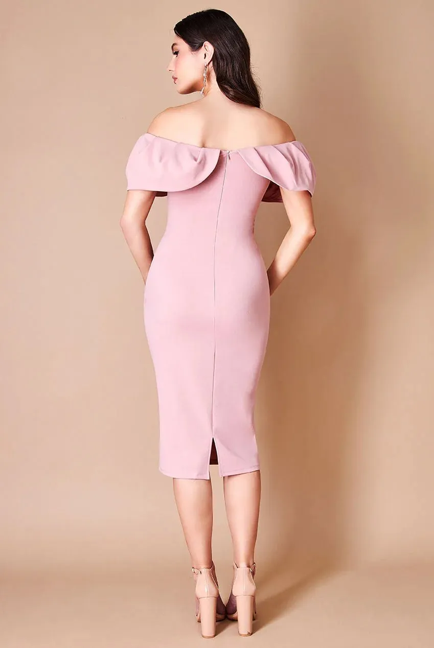 Scuba Crepe Pleated Bardot Plus Size Midi Dress in Blush or Emerald