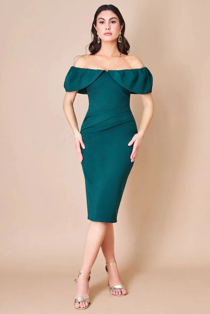 Scuba Crepe Pleated Bardot Plus Size Midi Dress in Blush or Emerald