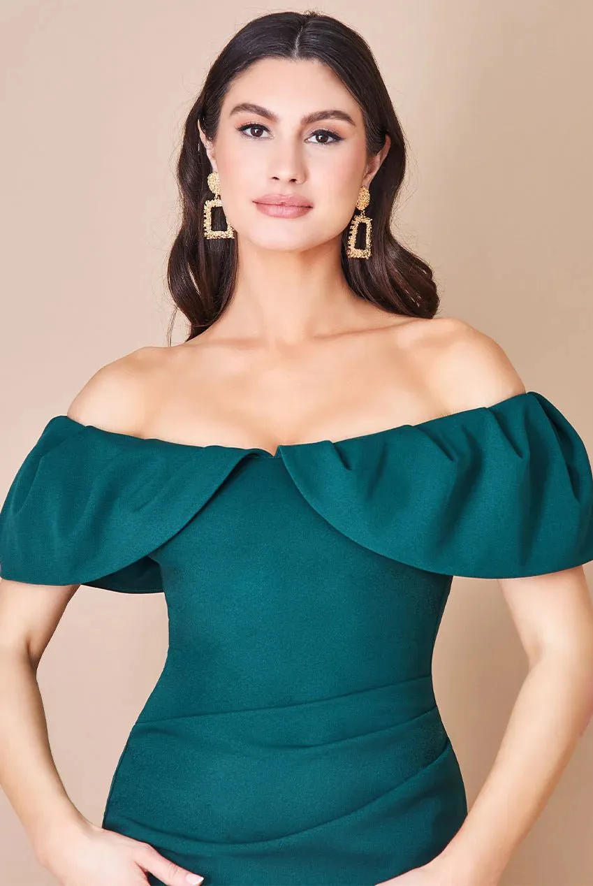 Scuba Crepe Pleated Bardot Plus Size Midi Dress in Blush or Emerald