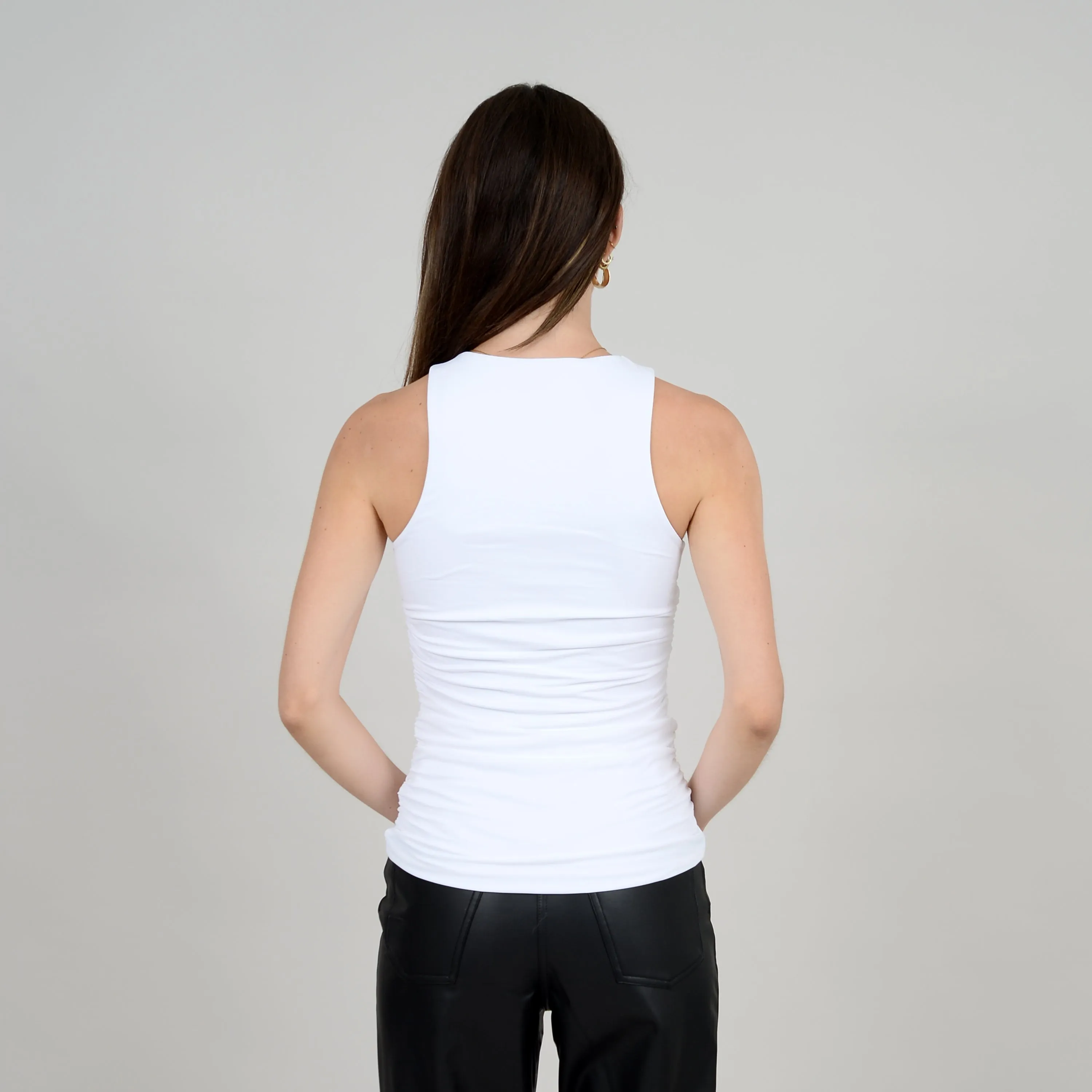 SECOND SKIN BY RD STYLE  WOMEN'S RIYAN HIGH CREW SIDE SHIRRING SHELL TANK-WHITE, BLACK, NOMAD
