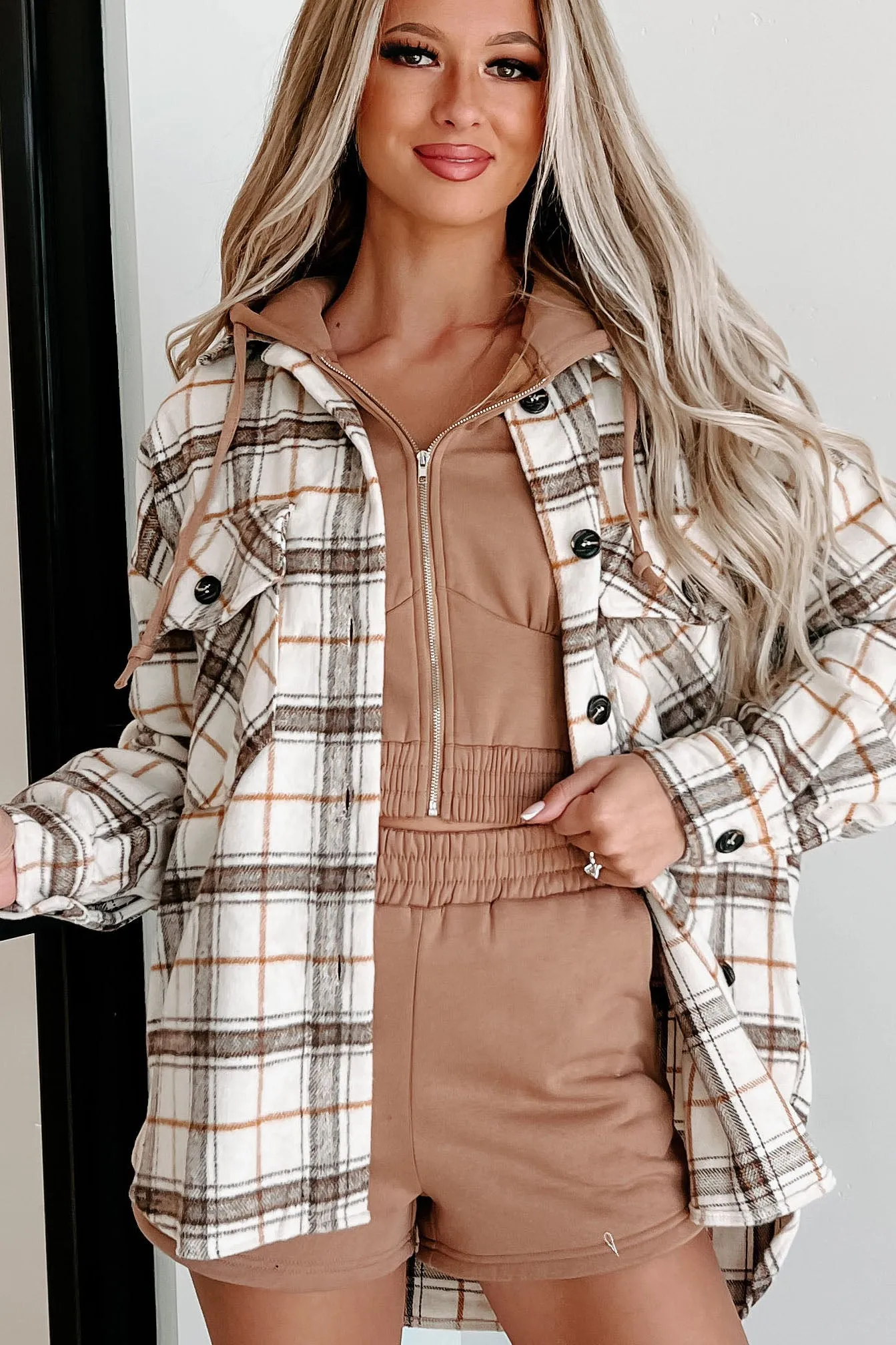 Second Thoughts Plaid Oversized Shacket (Taupe)