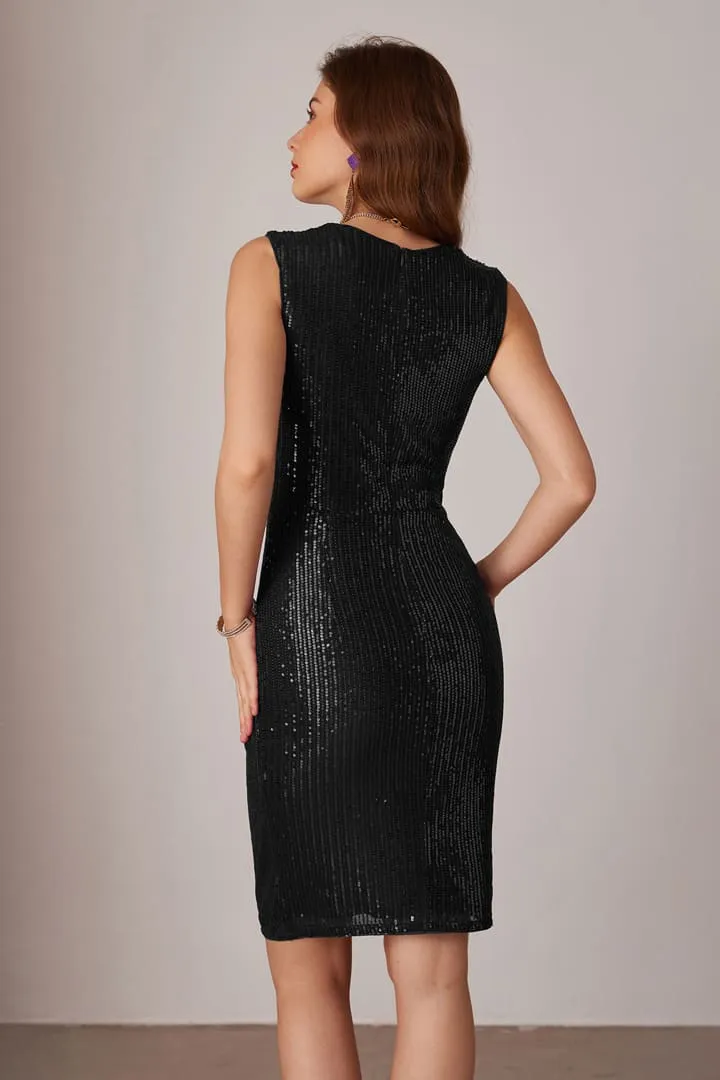 Sequin Square Neck Bodycon Knee Length Sparkly Glitter Cocktail Dress