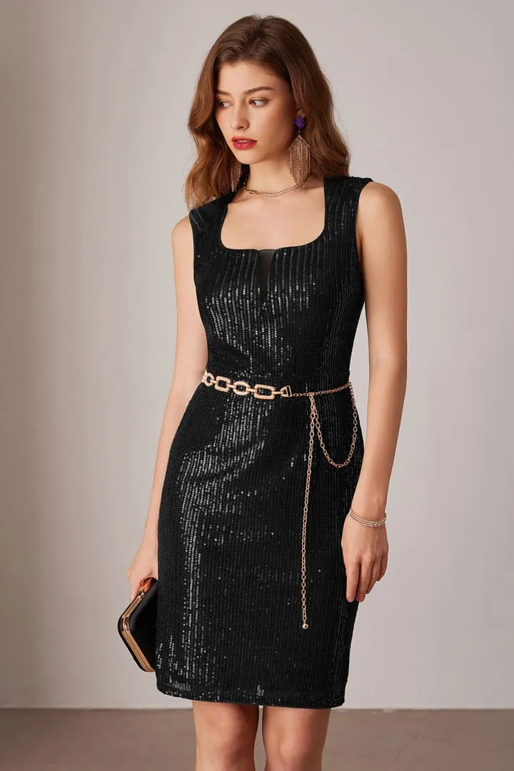 Sequin Square Neck Bodycon Knee Length Sparkly Glitter Cocktail Dress