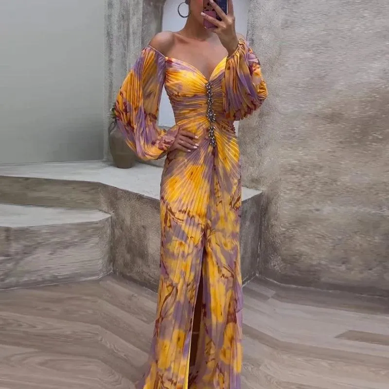 Sexy New Off Shoulder Tie Dye Pleated Bodycon