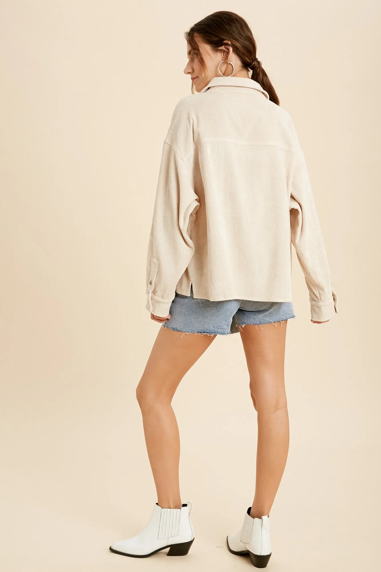 shacket: corduroy front one pocket shirt - sand