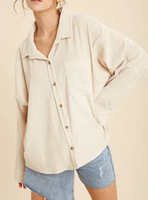 shacket: corduroy front one pocket shirt - sand